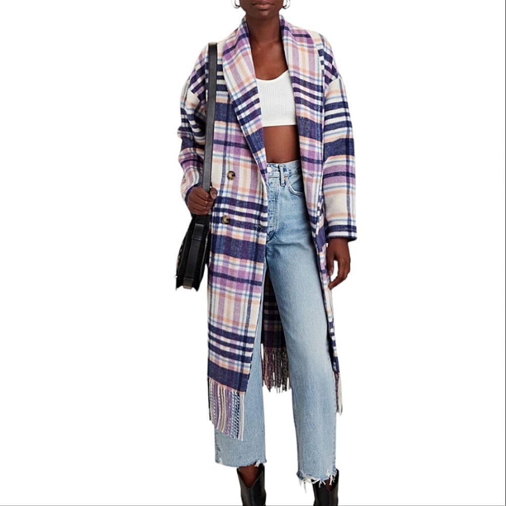 XIRENA Purple & Blue Plaid Wool Blend Long Wrenley Coat w/ Fringes